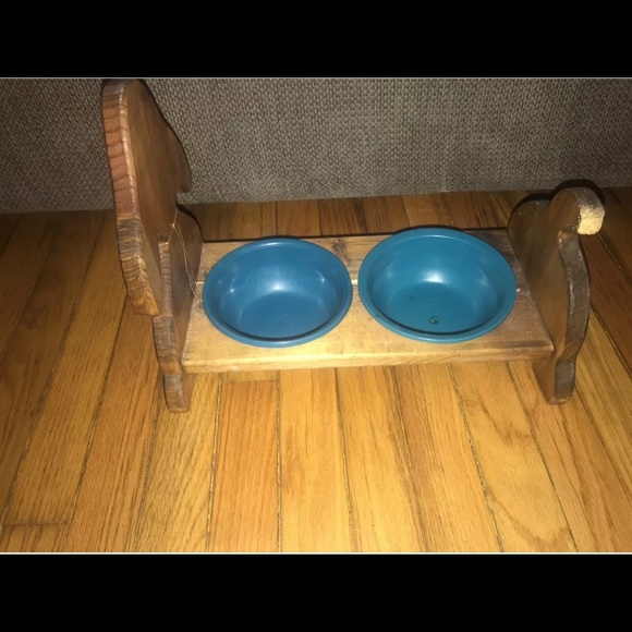 Handmade Wooden Painted Dog Feeder Dish Pet Canopy Two Bowl Holder Unique OOAK - Picture 2 of 7